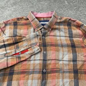 32 Bar Blues Mens XXL 100% Linen Button Front Plaid Long‎ Sleeve Casual Fall